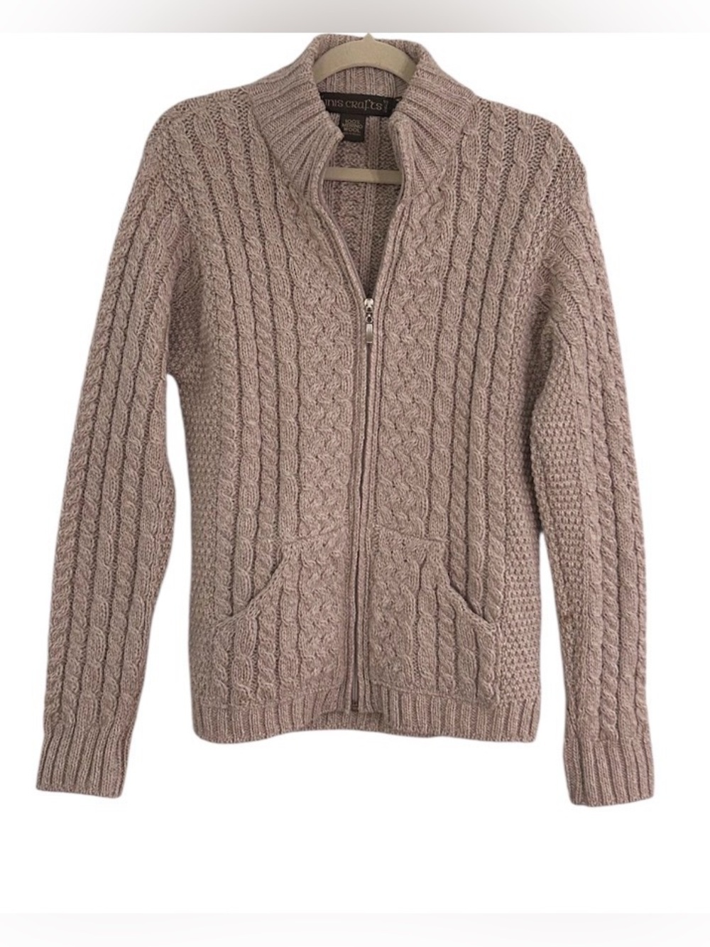 Inis Crafts Ireland Merino Wool Cardigan Sweater Size Medium Beige Cable Knit